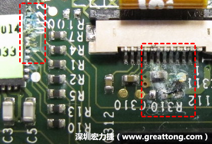 電路板疑似腐蝕氧化，懷疑電流異常過(guò)熱造成