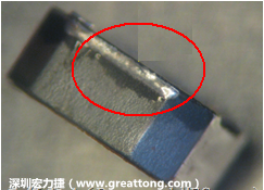使用錫(Sn)鍍層的電源電感器(Power Inductors)，經(jīng)過推力測試后，其焊點還保留在零件的端點上，所以推力比較高。