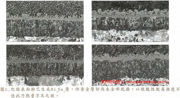 下面四圖顯示，當(dāng)焊接的熱量不足或未持續(xù)時，雖然Ni3Sn4的薄薄IMC層已經(jīng)生成而焊牢，但也會因為AuSn及AuSn2還未來得及逸走，而停留在共金介面附近，當(dāng)有外力拉扯的時候，就很容易斷裂開來。這就是為何ENIG的焊點強度，始終不如銅面焊點(Cu6Sn5)來得更為牢固的主因之一。