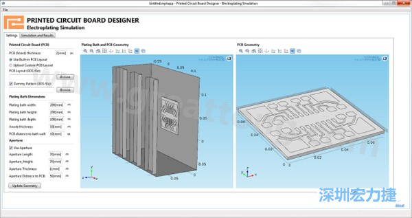 電鍍App允許PCB板設(shè)計(jì)人員導(dǎo)入不同的設(shè)計(jì)(包含或不含虛置圖形)，點(diǎn)擊計(jì)算，然后就能查看所仿真的厚度均勻性-深圳宏力捷