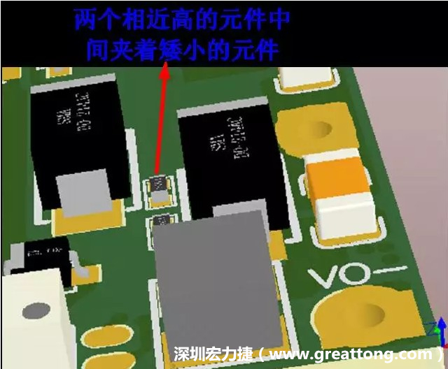 放置器件時要考慮以后的焊接和維修，兩個高度高的元件之間盡量避免放置矮小的元件