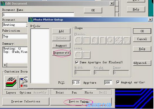 當Gerber和鉆孔都設(shè)置完后，選擇一貼片元件較多的層（一般為Top層），點擊Device SetupPhoto，將 Plotter Setup窗口D-Code欄原有的D碼刪除并按Regenerate重新生成