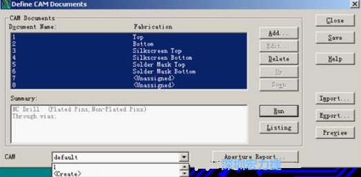 回到Dsfine CAM Documents窗口 ，將所有須輸出的文件用鼠標拉住選擇，按Run輸出，默認輸出路徑是安裝目錄的\CAM\default，也可按CAM的Create更改