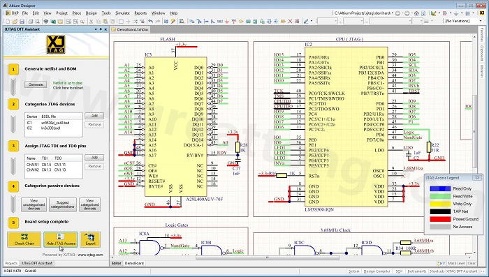 XJTAG DFT Assistant的Access Viewer模式可以清楚地顯示可用的測試存取層級，讓電路板設(shè)計人員在展開PCB布局以前的原理圖擷取階段盡可能地提高測試存取能力