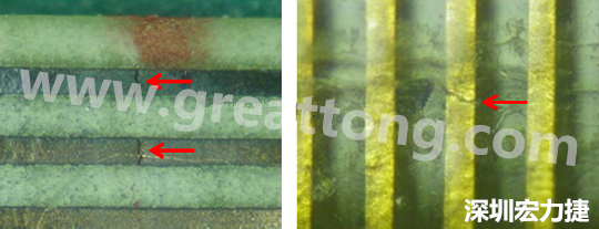 一旦找到確切的銅箔線路斷裂位置，如果還是無(wú)法觀察到斷裂的現(xiàn)象，就試著在顯微鏡下彎曲該位置的軟板，這樣就可以突顯并放大斷裂銅箔的開(kāi)口了。 