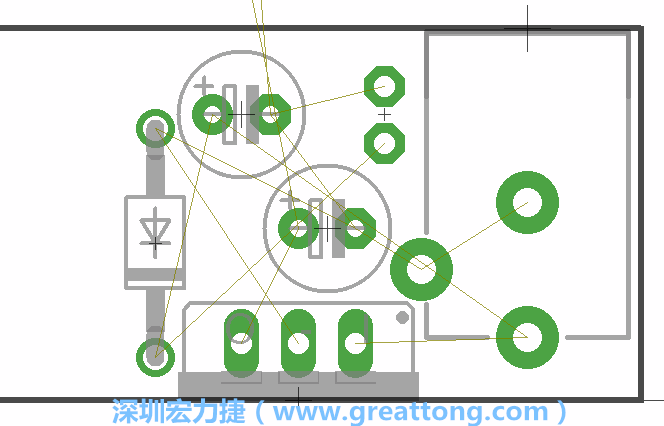 如同第一篇的步驟，我們將從電源迴路開始著手，移動電源插座（Power Jack）、電壓調(diào)整器、二極體、兩個(gè)電容和輔助接頭JP1到如上圖所示的位置。