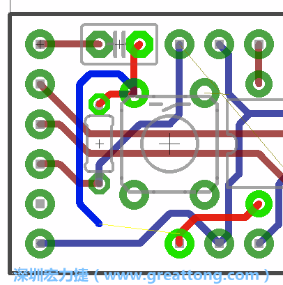 要在電路板正面進(jìn)行+5V信號線連結(jié)和其他連結(jié)點(diǎn)的布線工作是非常容易的，而重置信號線（信號線用來連結(jié)電路板正面左邊的重置開關(guān)）需要經(jīng)過一個(gè)可以通過電路板正反兩面的電路通道，這個(gè)通道是一個(gè)可以讓電路板正反兩面線路連接的一個(gè)小孔。