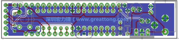 第二篇文章則帶領(lǐng)你進行電路板上的布線、連結(jié)點的配置，并利用「設(shè)計規(guī)則檢查（Design Rule Check）」測試你的設(shè)計，第二篇文章的電路板設(shè)計圖將如下所示：